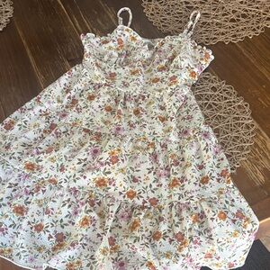 Floral Tiered Spaghetti-Strap Dress - Cream with Pink & Mustard Flowers